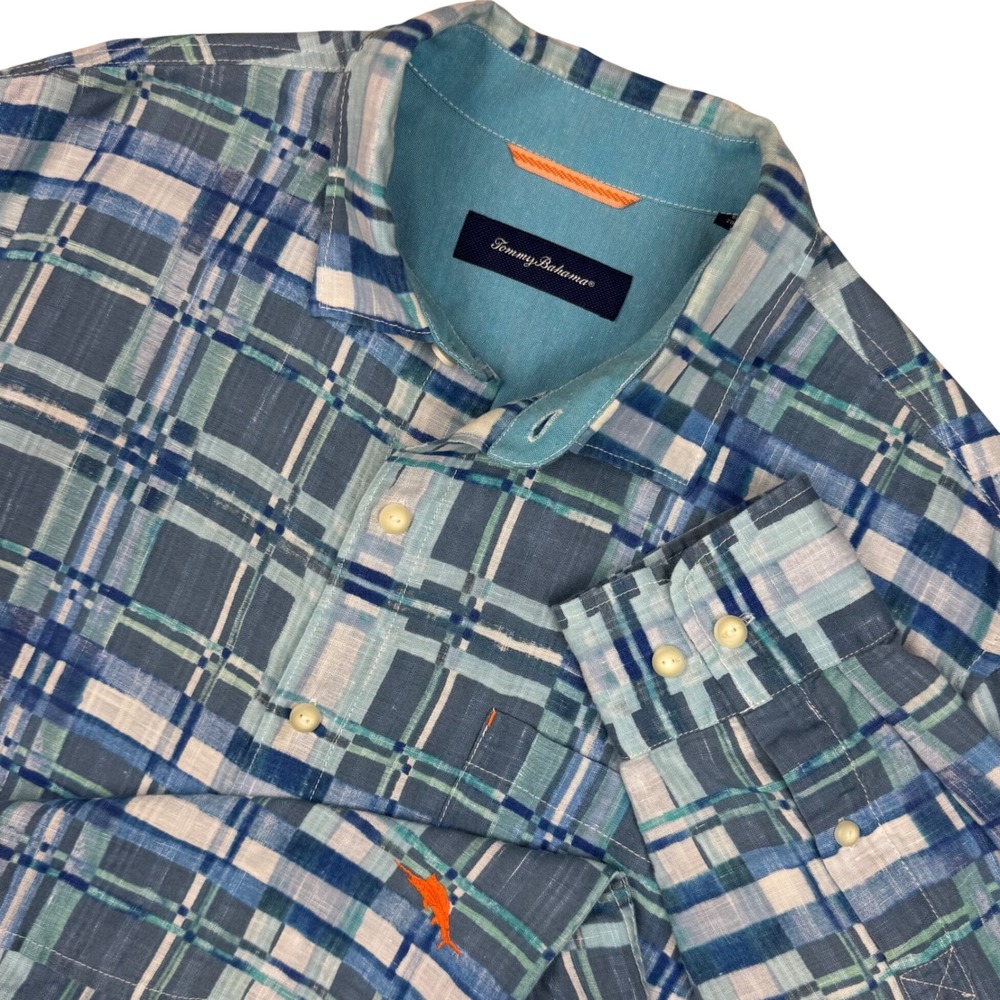 Tommy Bahama Plaid Linen Blend Shirt Mens Large Blue Teal Button Up Coastal Boho